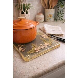 Vintage 1970s Resin Footed Trivet Hot Plate Embedded Dried Flowers Ferns 12.5x8”